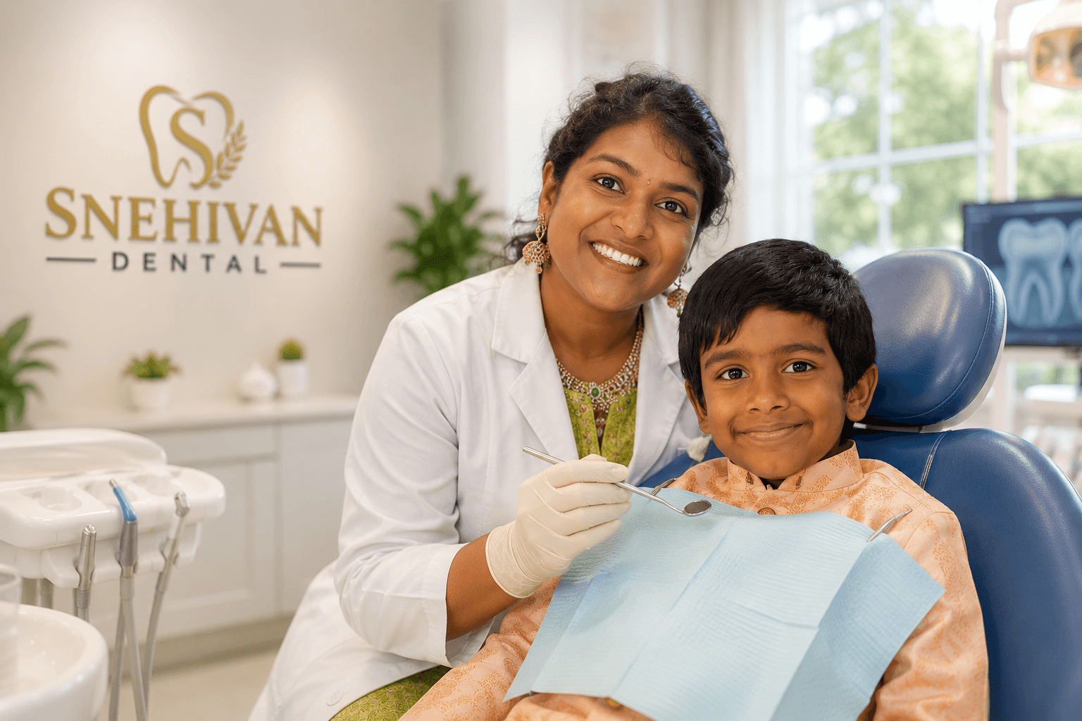 Dentist smiling with a young patient during a dental checkup at SNEHIVAN DENTAL